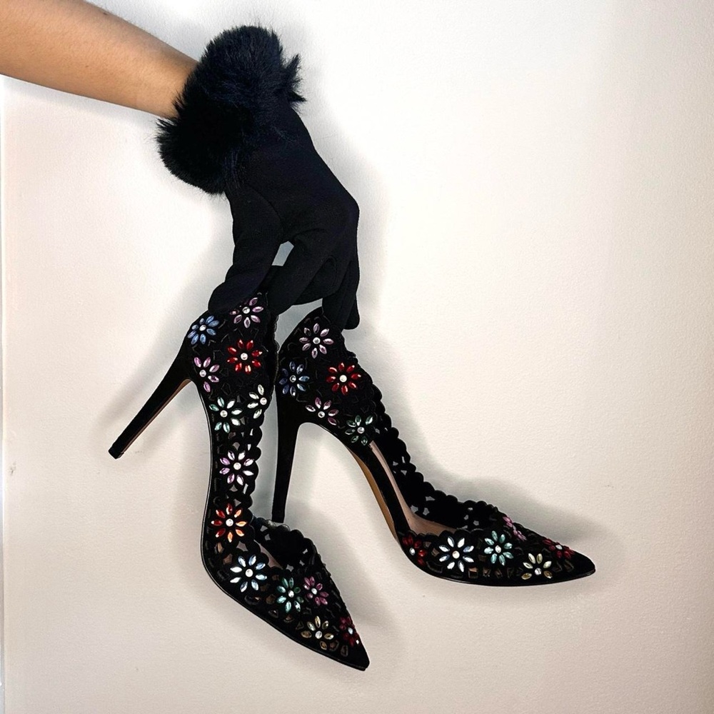 INC | Black floral rainbow rhinestone crystal stiletto 4'' high heels | Size 9